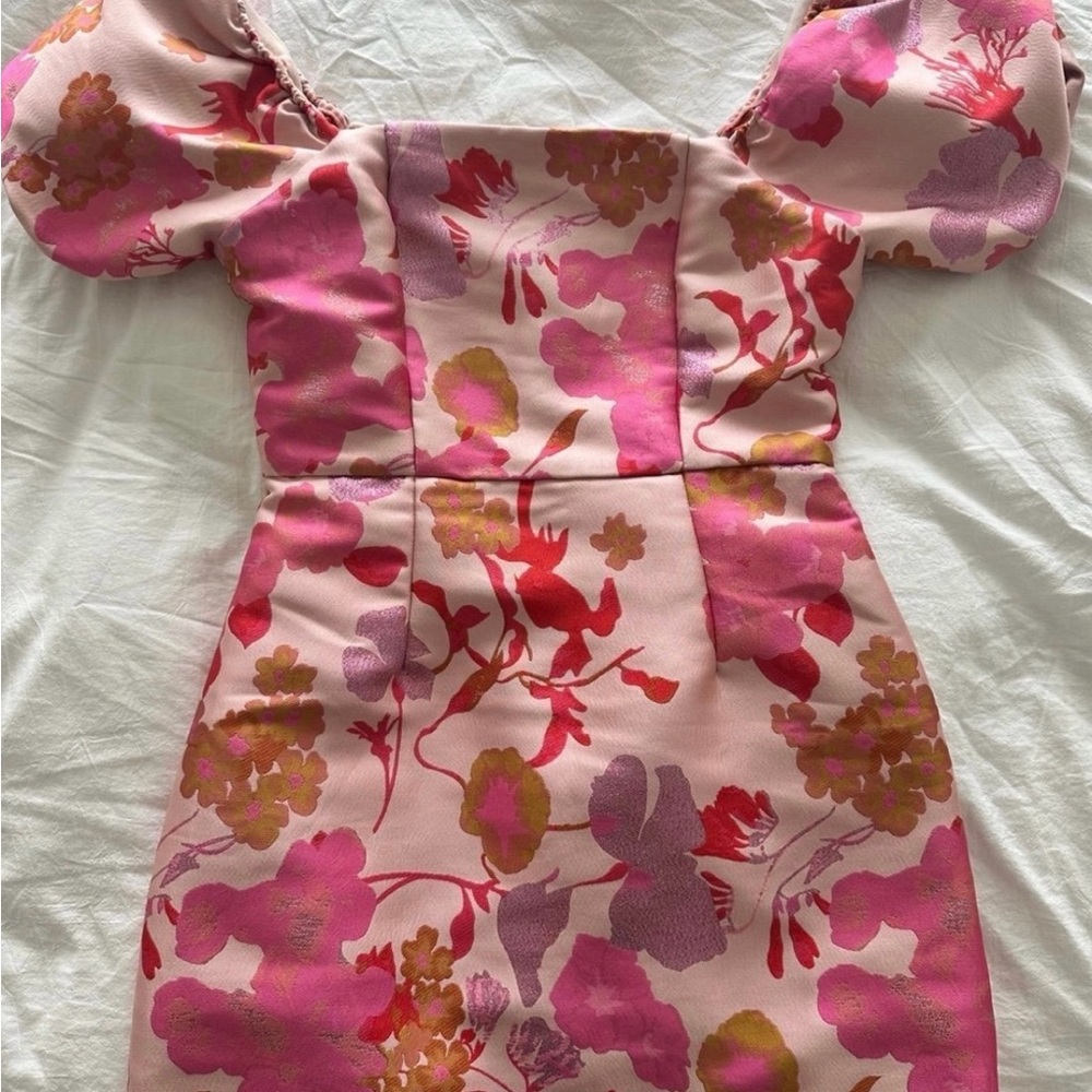 Lulus So Stunning Orange Pink Floral Jacquard Puff Sleeve Mini Dress -small